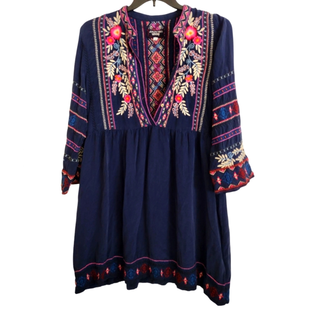 Johnny Was Workshop Silk Navy Dress With Multicolor Embroidery Size Medium